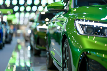 Modern green sports car in a car showroom, there are hardly any with reflective lights on display