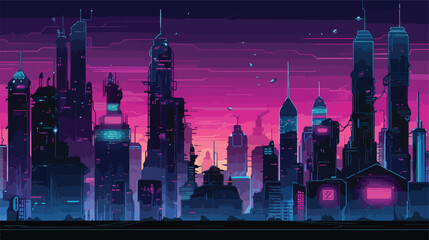 Cyberpunk cityscape with towering skyscrapers and n