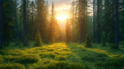A serene forest clearing, with sunlight filtering through the trees and wildflowers carpeting the forest floor