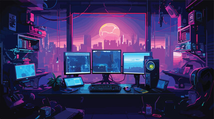 Cyberpunk hackers den with high-tech gadgets and vi - obrazy, fototapety, plakaty