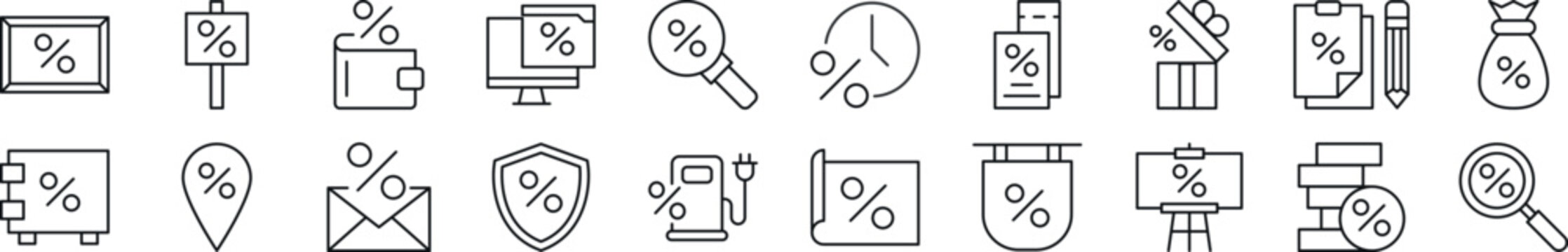 Percent line icons collection. Editable stroke. Simple linear illustration for web sites, newspapers, articles book