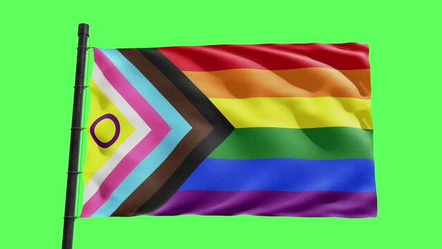 New LGBTQ flag, progress LGBTQ rainbow flag waving in the wind, pride flag ,with green background, greenscreen 
