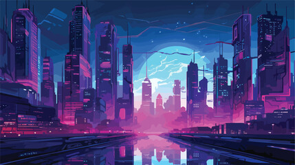 Cyberpunk metropolis with towering skyscrapers and - obrazy, fototapety, plakaty
