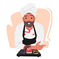 Skilled Confectioner Male Character Unveils An Exquisite Pastry with Chocolate and Cream On Wooden Tray