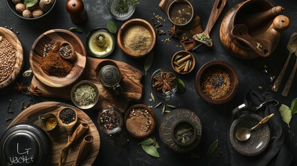 set of spices kitchen utensils on a black background - obrazy, fototapety, plakaty