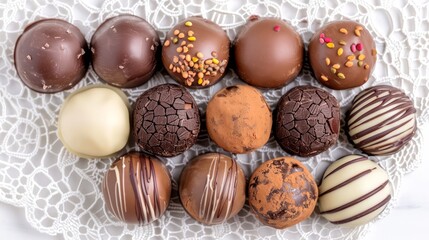 Assorted Gourmet Chocolate Truffles on Elegant White Lace Background for Special Occasions