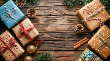 Assorted Gift Boxes with Elegant Ribbons on Rustic Wooden Background Festive Holiday Concept