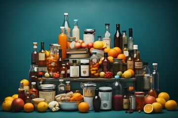 Assorted food and drink items on blue background - 760922381