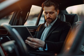 Realistic photo of a handsome and smart businessman using a tablet to make business contacts and deals online, sitting in a luxury private car --ar 3:2 Job ID: d4b143fb-d914-4d02-85ed-a389db2e5e58