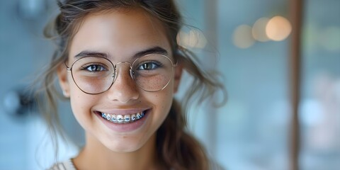 Young girl happily sporting braces and glasses in bathroom enjoying selfcare . Concept Dental care, Eyeglasses, Self-care, Adolescence, Bathroom Photoshoot
