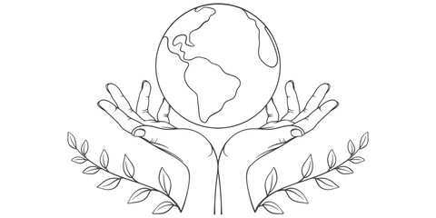 Hand holding earth line art style vector illustration, environment theme illustration vector eps	