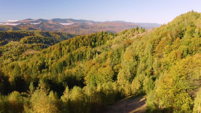 Bird's eye view of the Carpathians in autumn, Ukraine. Huge rocks scattered picturesquely along the mountain slopes, houses, colorful beech, birch and coniferous forests