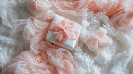 Elegant Gift Box Wrapped with Pink Ribbon on Fluffy White Fabric Background