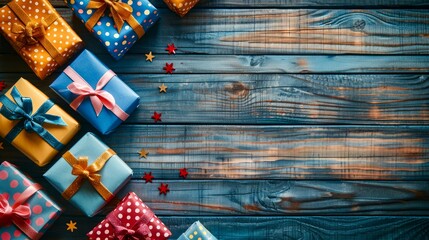 Festive Assortment of Colorful Gift Boxes with Bows on Rustic Wooden Background – Holiday Concept