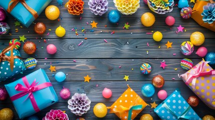 Vibrant Birthday Party Table Layout with Gifts, Decorations, and Colorful Accessories on Wooden Background