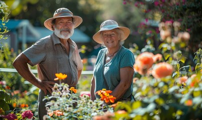 couple of old people in the garden - obrazy, fototapety, plakaty