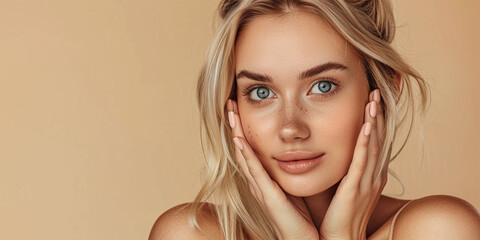 With radiant confidence, a blonde beauty unveils her flawless complexion, her gaze filled with determination.