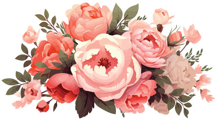 Elegant floral bouquet with roses and peonies. flat