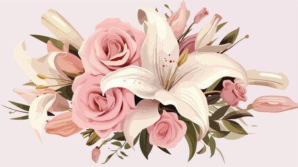 Elegant floral bouquet with roses and lilies. flat