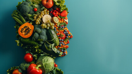 Human face in the form of vegetables on a blue background, healthy eating concept