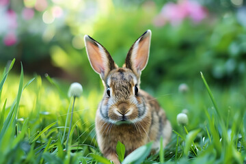 Rabbit Sitting in Grass and Looking at Camera