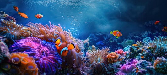 Clown fish swimming on anemone underwater reef background - obrazy, fototapety, plakaty
