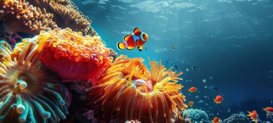Clown fish swimming on anemone underwater reef background