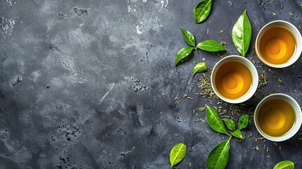 green tea large leaf freshly brewed.(aromatic drink) menu concept background. top view. copy space for text