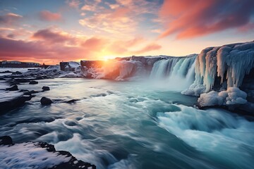 Icelandic winter landscape. Dramatic sunset over Gullfoss waterfall. - obrazy, fototapety, plakaty