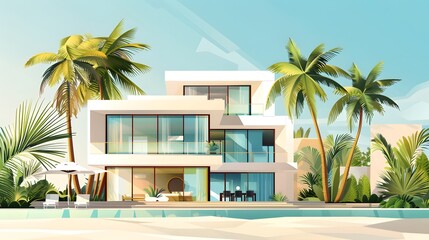 Geometric abstract house or hotel. Beach house or villa among palm trees. Summer vacation concept background with copy space. 