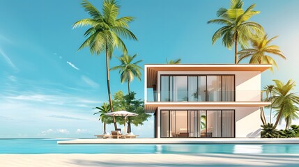 Geometric abstract house or hotel. Beach house or villa among palm trees. Summer vacation concept background with copy space. 