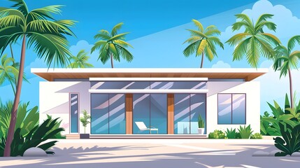 Geometric abstract house or hotel. Beach house or villa among palm trees. Summer vacation concept background with copy space. 