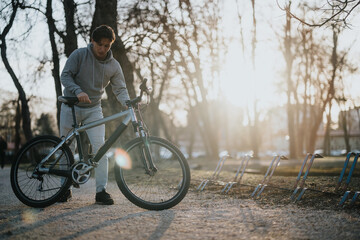 Leisure activity captured: A young man with his bike stands by the park on a beautiful sunny day.