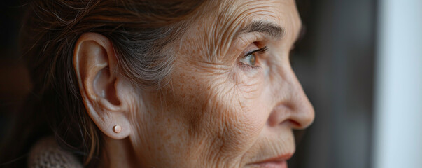  Side view of mature female with grey hair and freckles standing near window at home. Ear close up, care concept . - Powered by Adobe