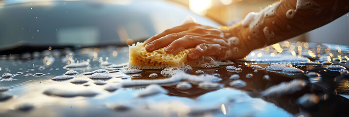 Person Cleaning Car With Sponge - obrazy, fototapety, plakaty