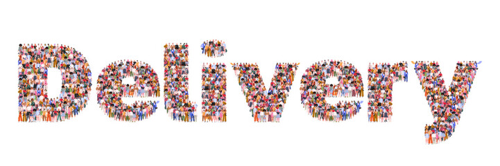 Large group of people forming word Delivery. Delivery service and E-commerce concept. People standing together. A crowd of male and female characters. Flat vector illustration 
