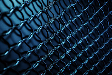 A close-up of a metallic chain-link fence, illuminated, showcasing intricate details and casting complex shadows. - obrazy, fototapety, plakaty