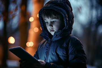 young boy is holding a tablet in his hand while wearing a blue jacket. He is focused on the screen, possibly playing a game or watching a video. - Powered by Adobe