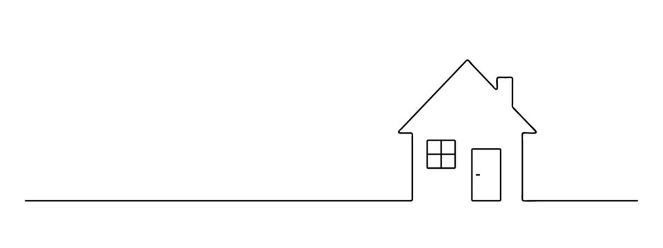 house continuous one line drawing, cottage building lineart, black line vector illustration, editable stroke, horizontal design element