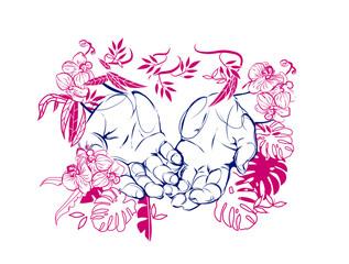 hands and nature vector, give , receive art line pink and blue