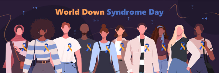 Every year on March 21th is the celebration of World Down Syndrome Day. A group of modern men and women stand together  with yellow blue ribbons.