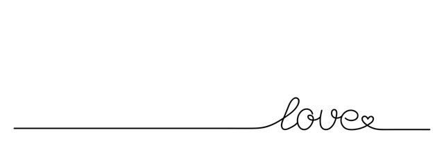 continuous line drawing of word LOVE, black line vector illustration, editable stroke, horizontal design element