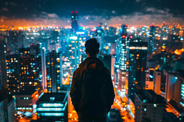 Man Standing on Top of Tall Building - obrazy, fototapety, plakaty