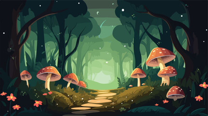 Enchanting forest glade with mushrooms and fireflie - obrazy, fototapety, plakaty