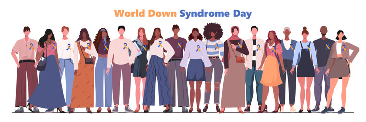 Fototapeta premium World Down Syndrome Day banner. Multiethnic men and women stand together with a yellow blue ribbons, a symbol of solidarity with those affected by the disease. Flat vector illustration 