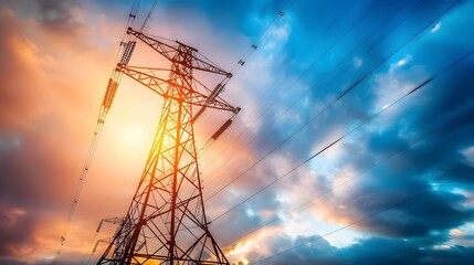 High voltage electric transmission tower. High voltage power lines on electric pylon against a sunset sky. Electrical infrastructure. Energy crisis. Electric power distribution. Energy distribution