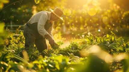 Farmer working worker harvesting at sunset