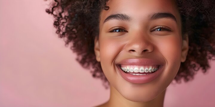 Person showing off braces with a big smile on their face . Concept Dental Photography, Smiling Braces, Happy Patients, Orthodontic Treatment, Teeth Straightening