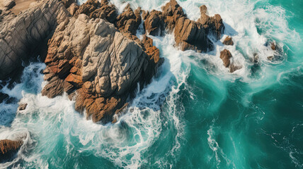 Aerial view of a rocky coast where the waves of the sea break on the rocks. Top view of a beautiful earthy brown cliff with turquoise blue water, white foam and swell on sunny day. Summertime, travel. - obrazy, fototapety, plakaty