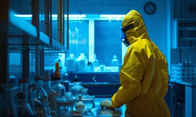 In an underground laboratory, a secret chemist prepares drugs. He wears a mask and overalls and works with goggles and pesticides.